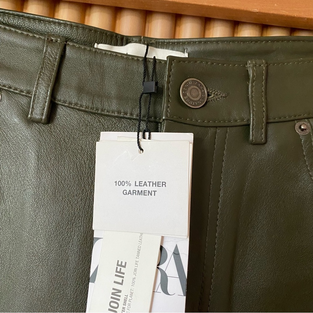 Zara limited edition leather straight leg pants olive green - Picture 10 of 16